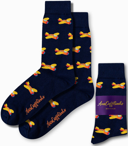 Orange aircraft print socks in navy blue base by AusCufflinks