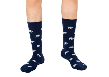 Polar bear print socks in navy blue base featuring white bear design by AusCufflinks