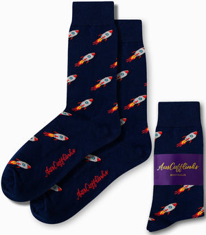 Rocket print socks in navy blue base featuring colourful space design by AusCufflinks