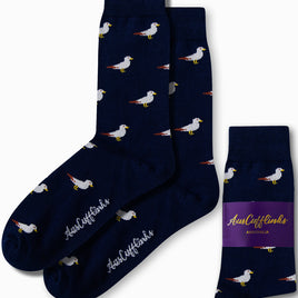 Seagull print socks in navy blue base featuring white seagull design by AusCufflinks