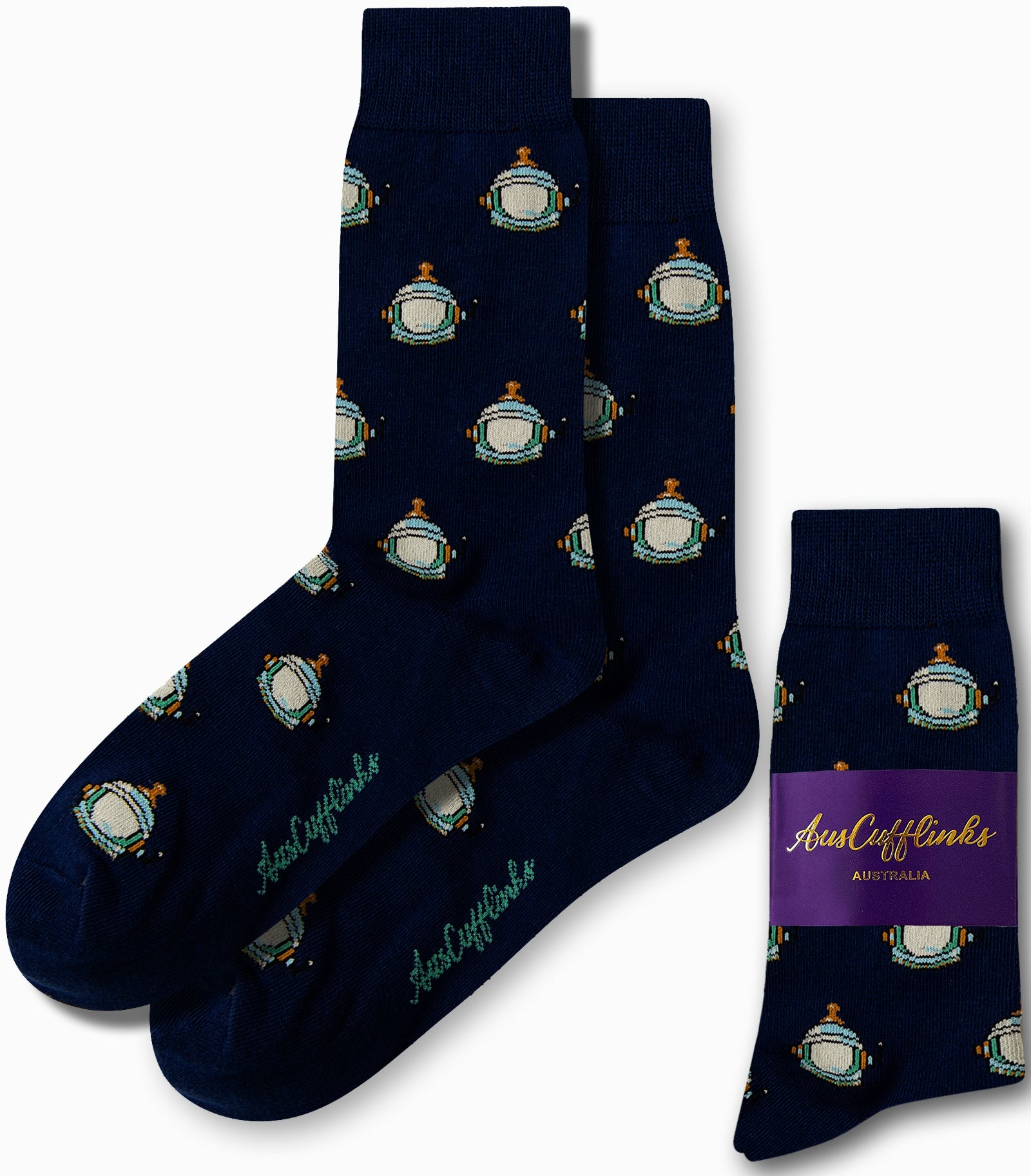 Space helmet print socks in navy blue base by AusCufflinks