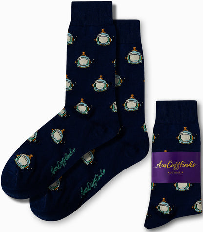 Space helmet print socks in navy blue base by AusCufflinks