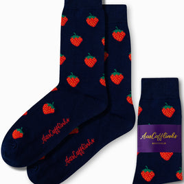 Strawberry print socks in navy blue base featuring red fruit design by AusCufflinks