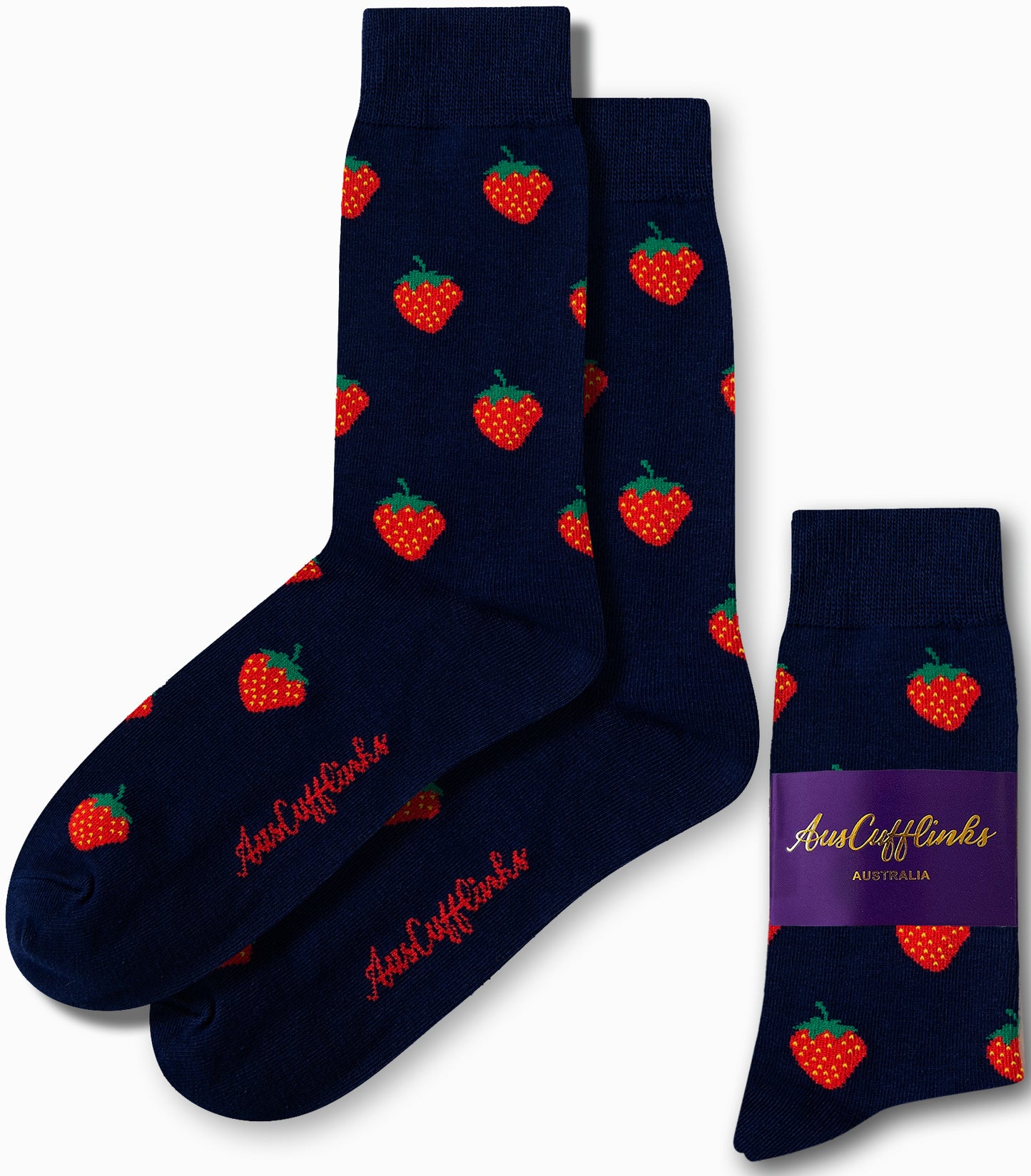 Strawberry print socks in navy blue base featuring red fruit design by AusCufflinks