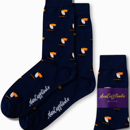 Toucan bird print socks in navy blue base featuring colourful tropical toucan design by AusCufflinks