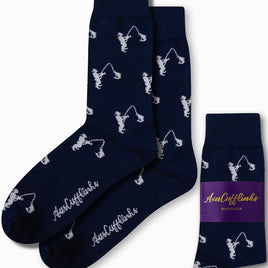 White fisherman print socks in navy blue base by AusCufflinks
