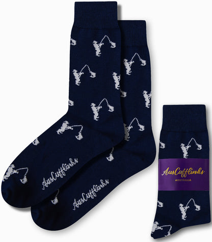 White fisherman print socks in navy blue base by AusCufflinks