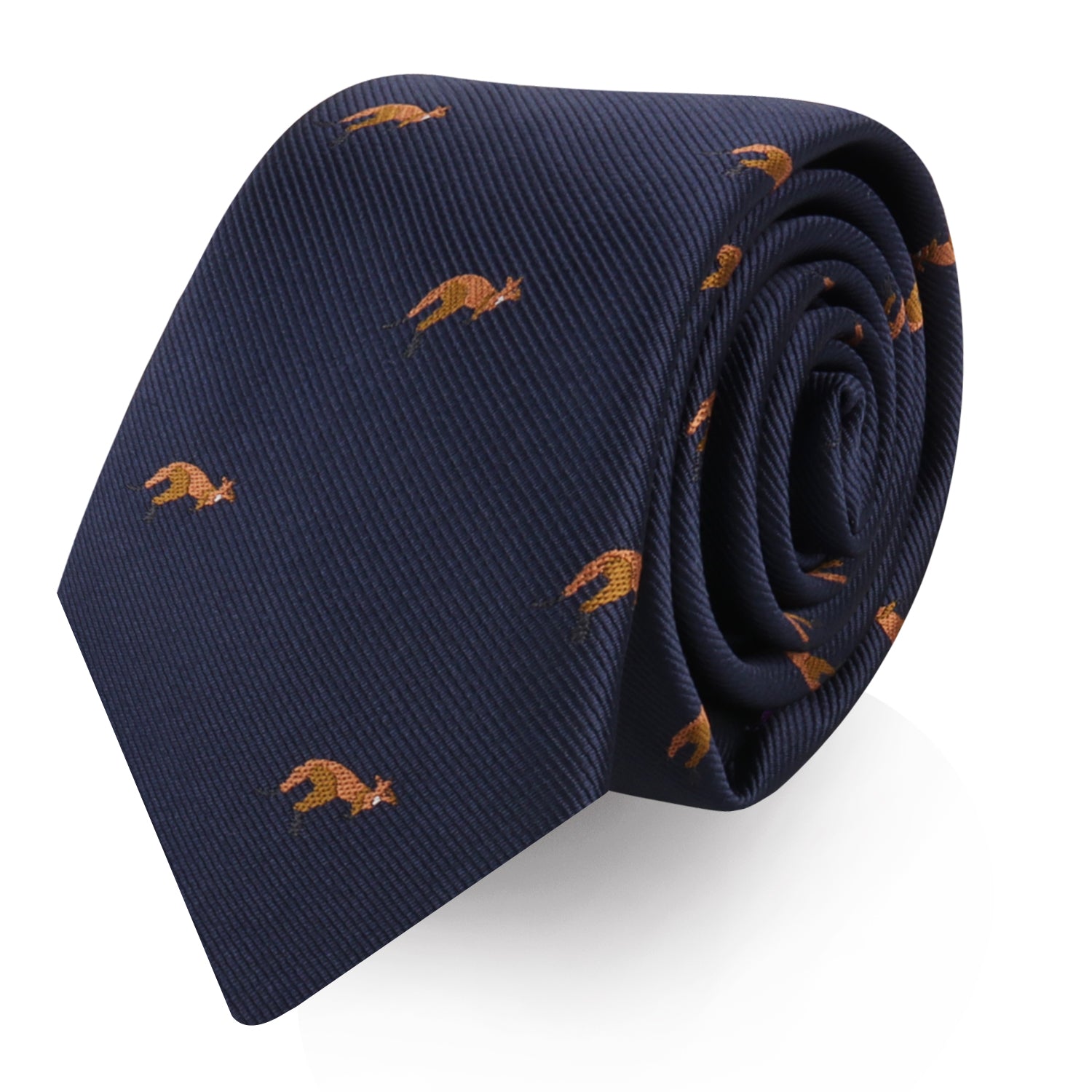 The Kangaroo Skinny Tie, featuring a rolled-up dark blue design with a pattern of small, orange foxes spread throughout, embodies unmatched elegance.