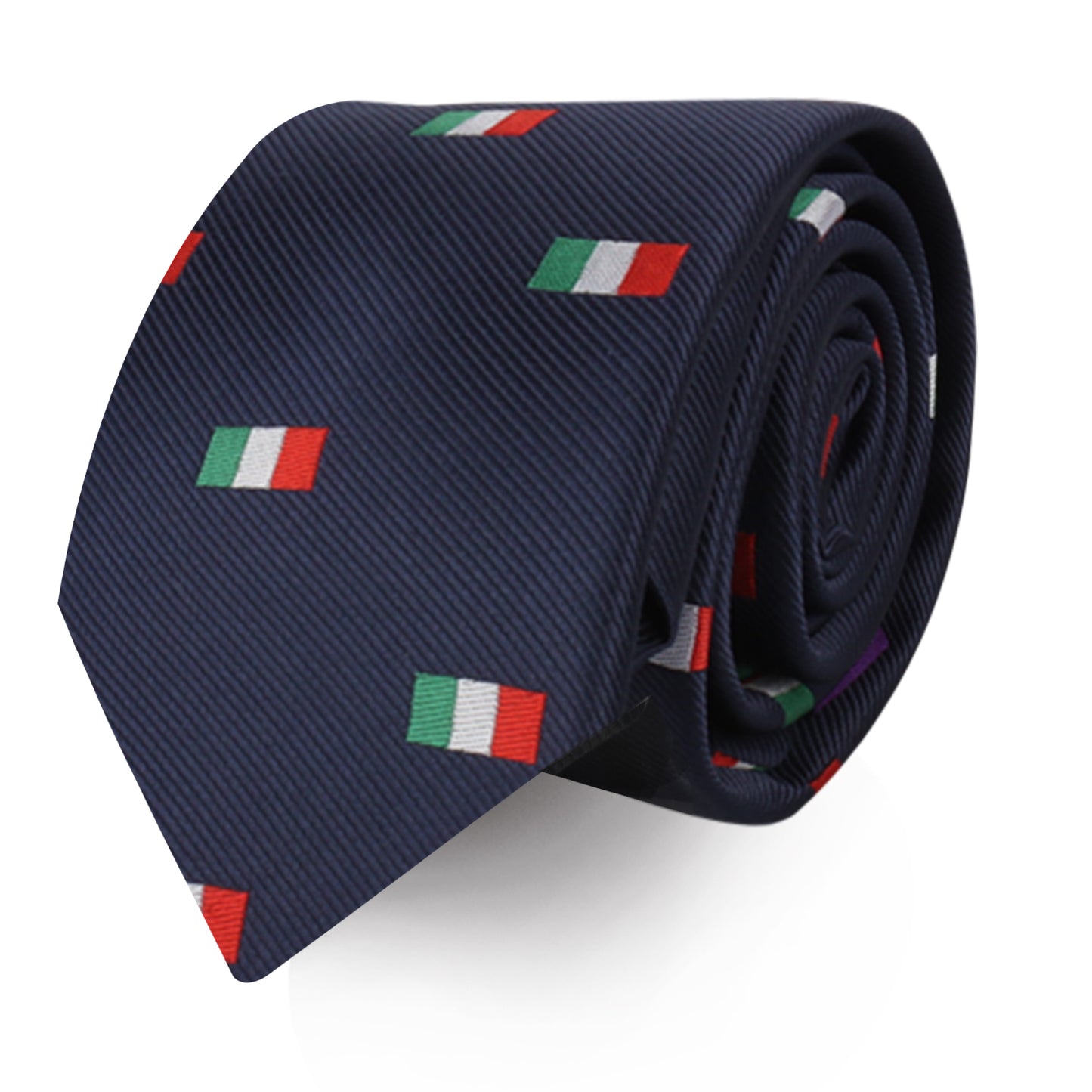 A rolled-up Italian Mexican Flag Skinny Tie in navy blue, adorned with a fusion of small Italian flag patterns, capturing the essence of elegance and cultural charm.