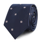 A navy Baseball Skinny Tie with baseballs and Baseball-themed motifs on it.