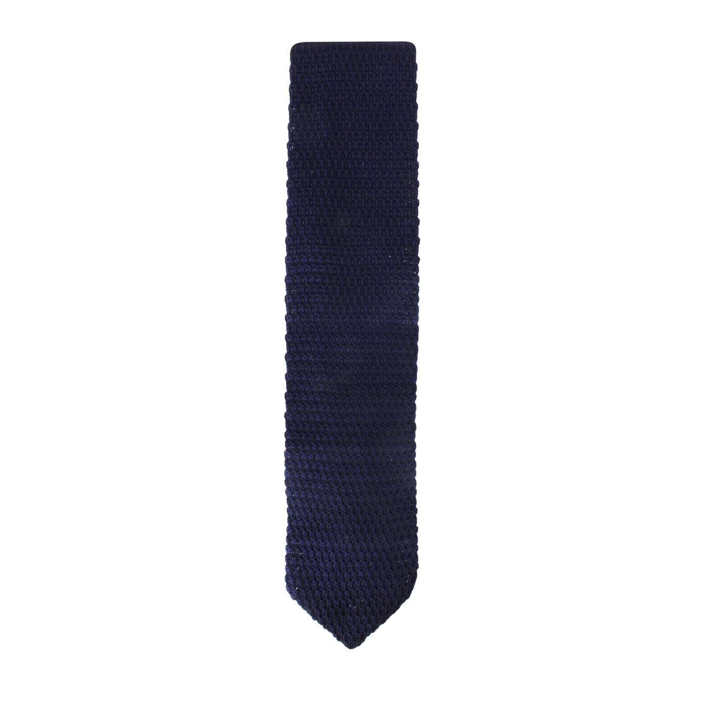 A Navy Knitted Skinny Tie, woven with elegance, is displayed on a white background.