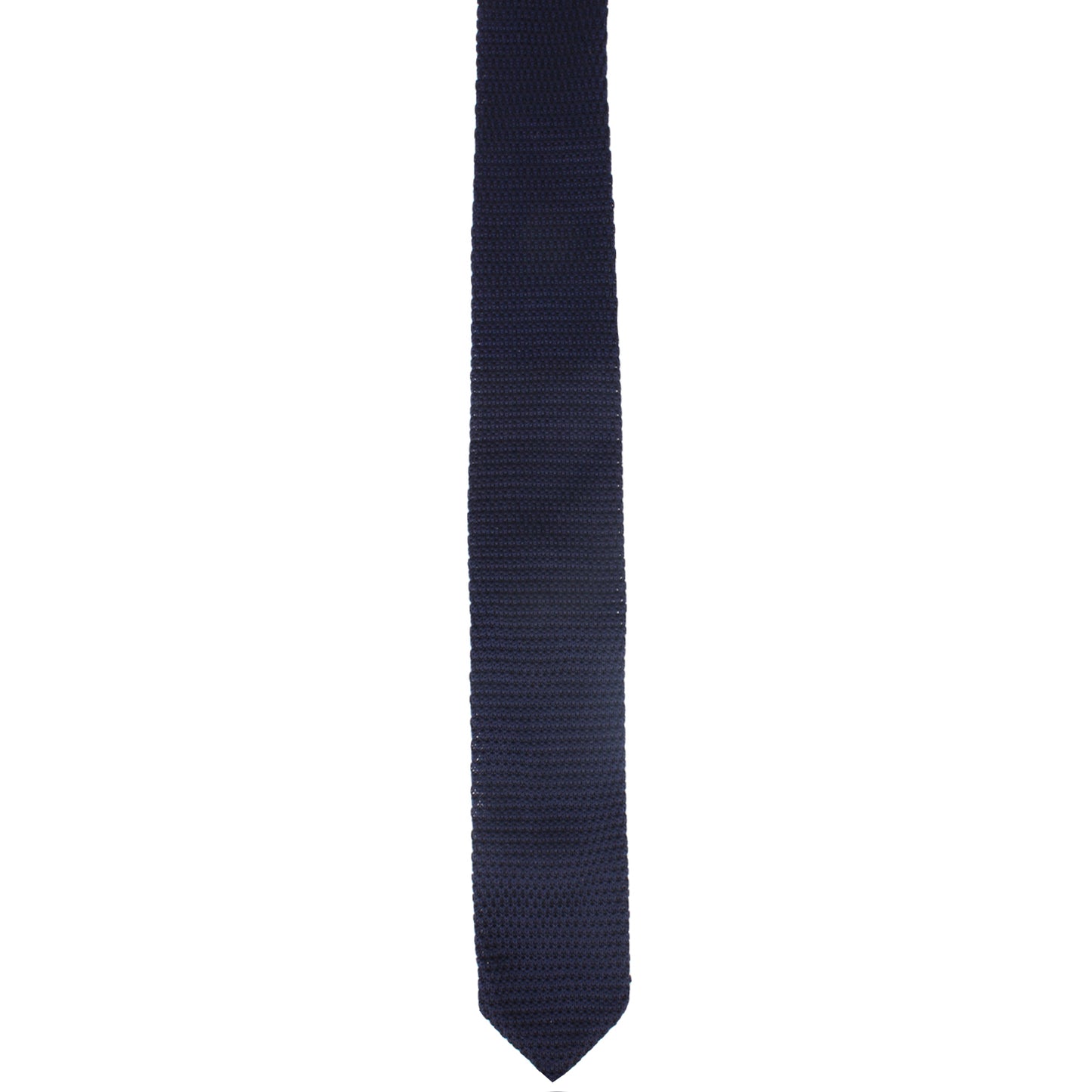 A Navy Knitted Skinny Tie exudes deep-sea elegance as it is displayed vertically on a white background.