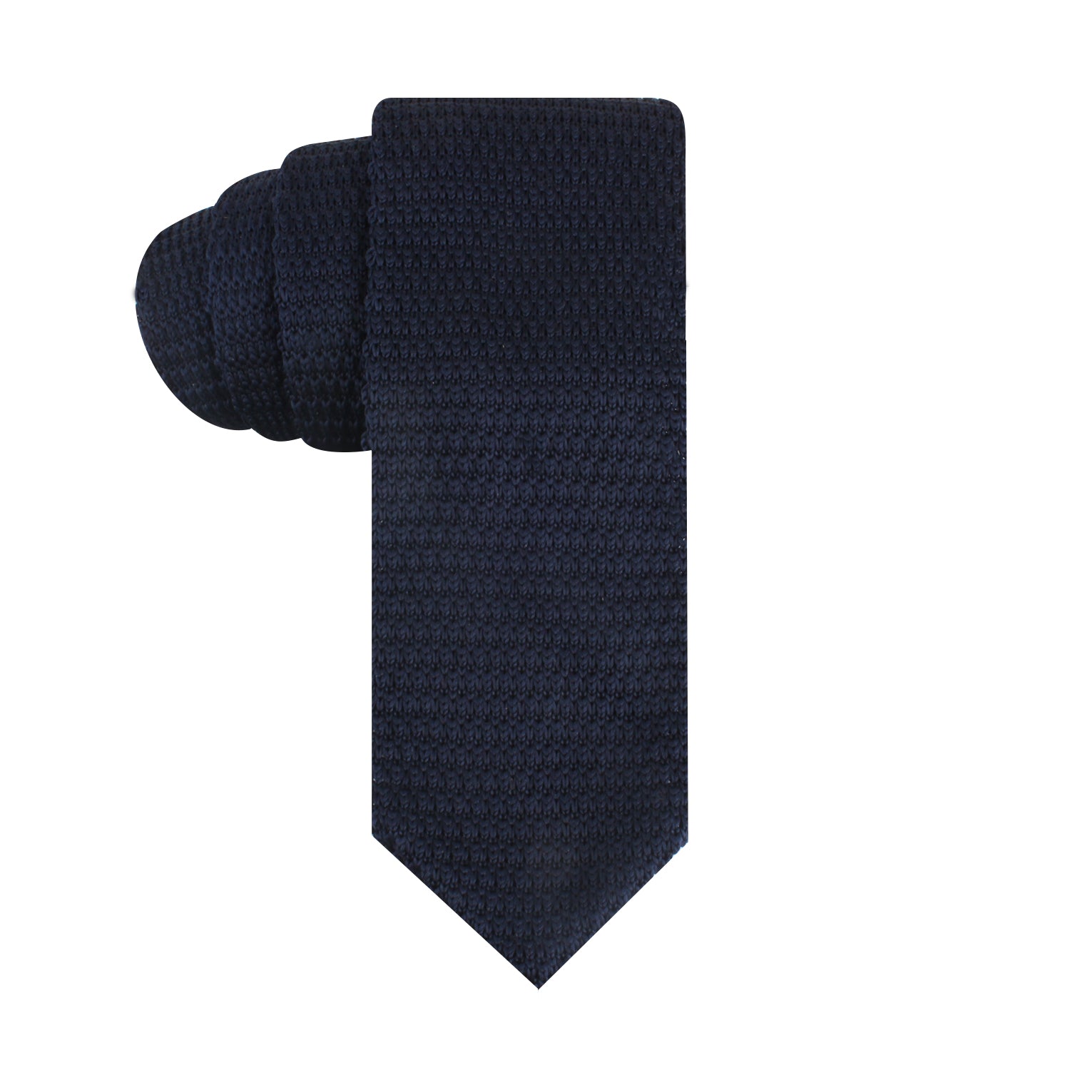 A Navy Knitted Skinny Tie, reminiscent of the deep-sea, is elegantly rolled on a white background.