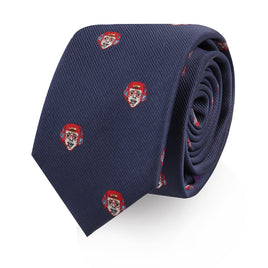 Elevate your style with the Gamer Face Skinny Tie, featuring a navy blue design embellished with small embroidered faces sporting red hair accessories.