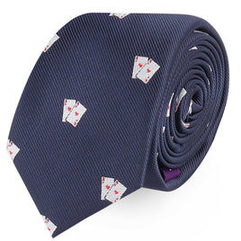 Enhance your style with our Poker Cards Skinny Tie, showcasing a playful pattern of playing card hands adorned with aces and hearts on a sleek navy blue background.