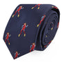 A rolled-up Scuba Diver Skinny Tie in navy blue, adorned with a pattern of small, colorful figures in red outfits and yellow hats, exudes stylish intrigue.