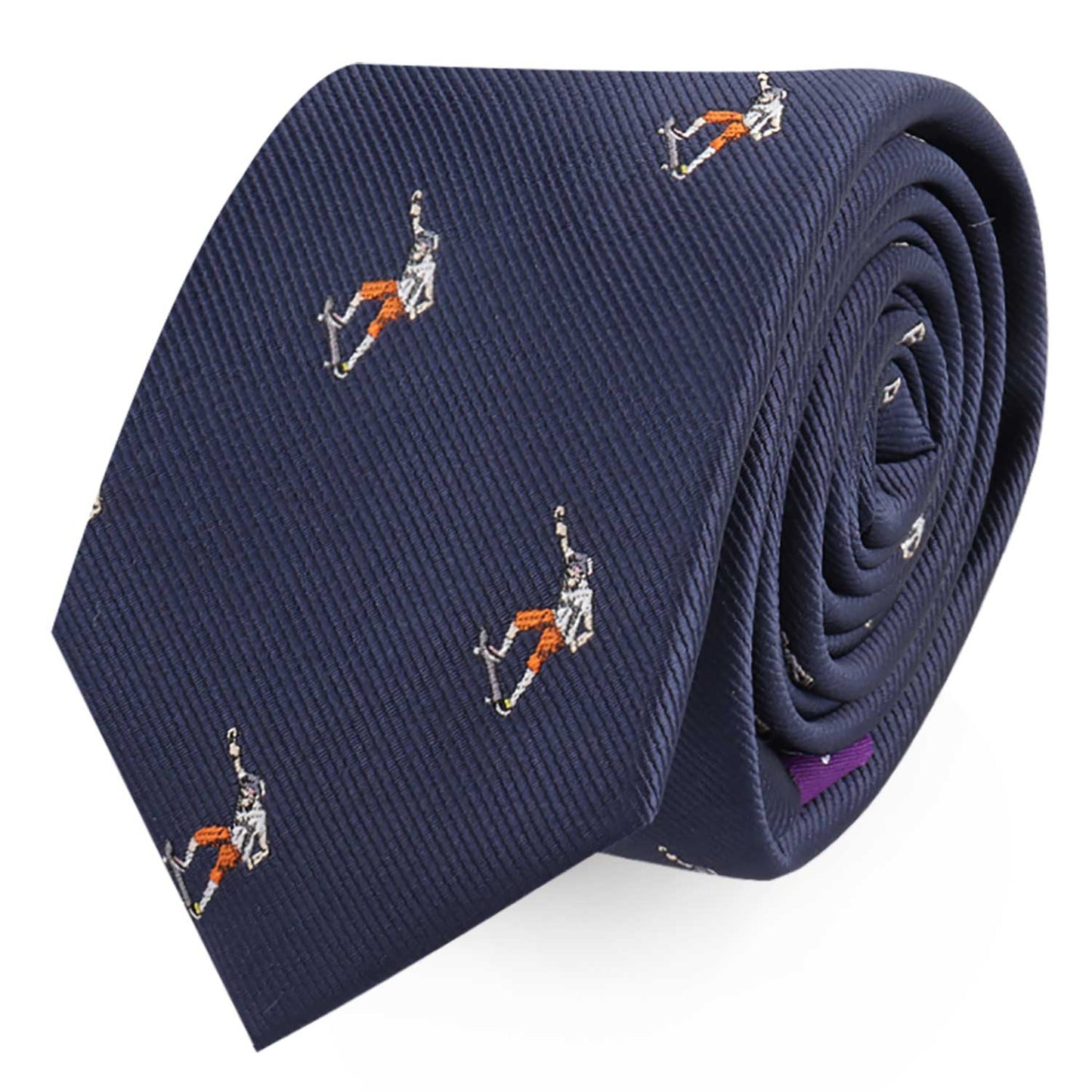 A rolled Skateboarder Skinny Tie, exuding flair and confidence, features embroidered skateboarders in action poses wearing orange pants and gray jackets.