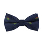 The Stegosaurus Bow Tie, adorned with small green and red dinosaur patterns on a navy blue fabric, adds a touch of prehistoric panache.