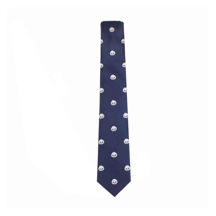 A Panda Skinny Tie with a pattern of small white skulls evenly spaced throughout, blending playful charm with modern sophistication.