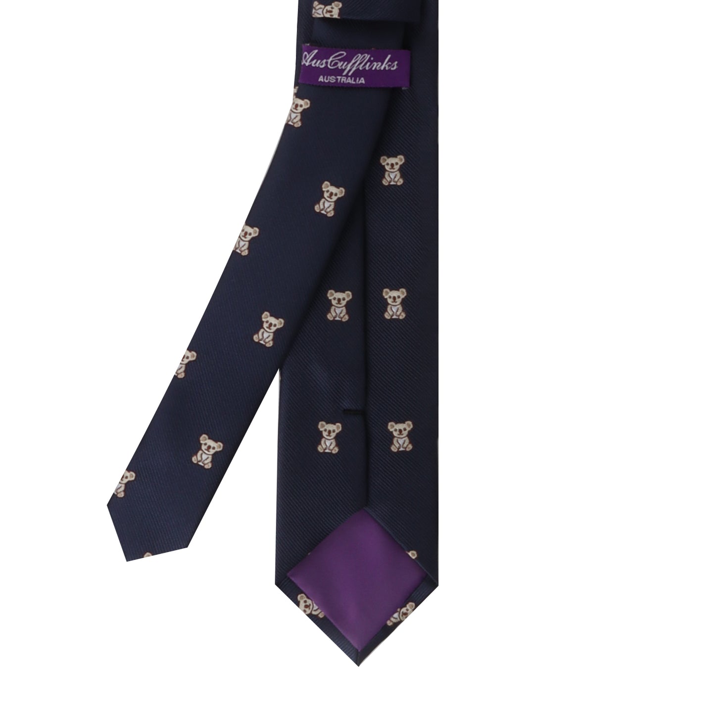 A dark blue Koala Skinny Tie featuring a pattern of cuddly teddy bears, with a purple label on the back.