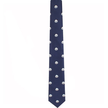 A Panda Skinny Tie with a repeating small white skull pattern exudes playful charm and modern sophistication.