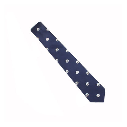 A Panda Skinny Tie with a pattern of small white skulls evenly spaced across its surface adds a touch of playful charm to modern sophistication.