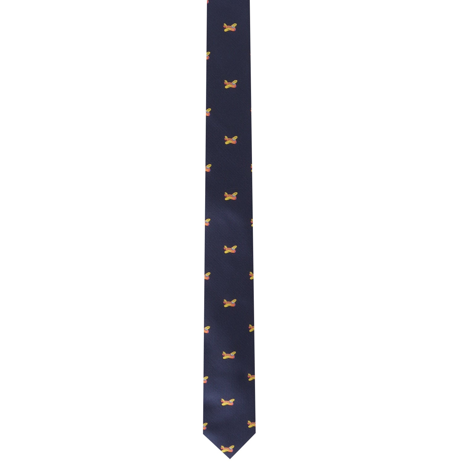 A necktie named "Orange Aircraft Skinny Tie," featuring a stylish touch with its vibrant navy blue color and small golden bowtie patterns.