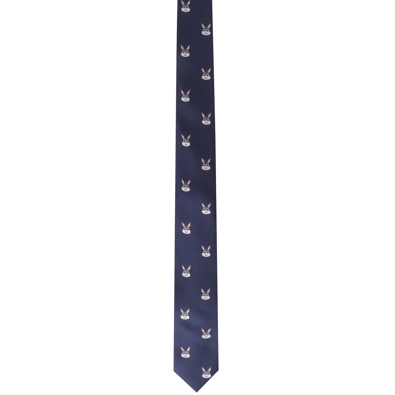 The Bunny Skinny Tie is a sophisticated navy accessory featuring a delightful pattern of embroidered white rabbit faces, evenly spaced throughout.