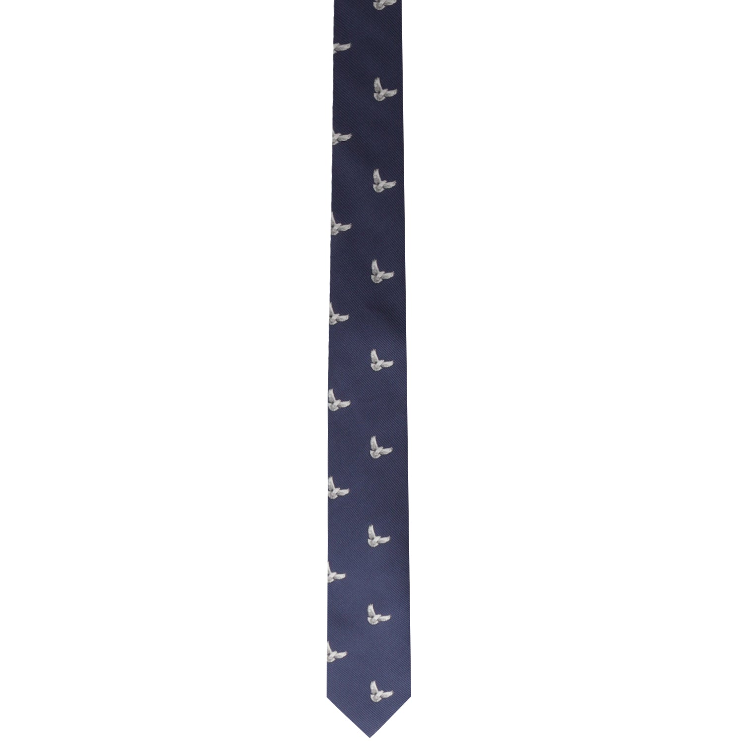 A navy blue Dove Skinny Tie with a pattern of small white birds evenly spaced across the fabric, this symbolic tie embodies peace and style in every thread.