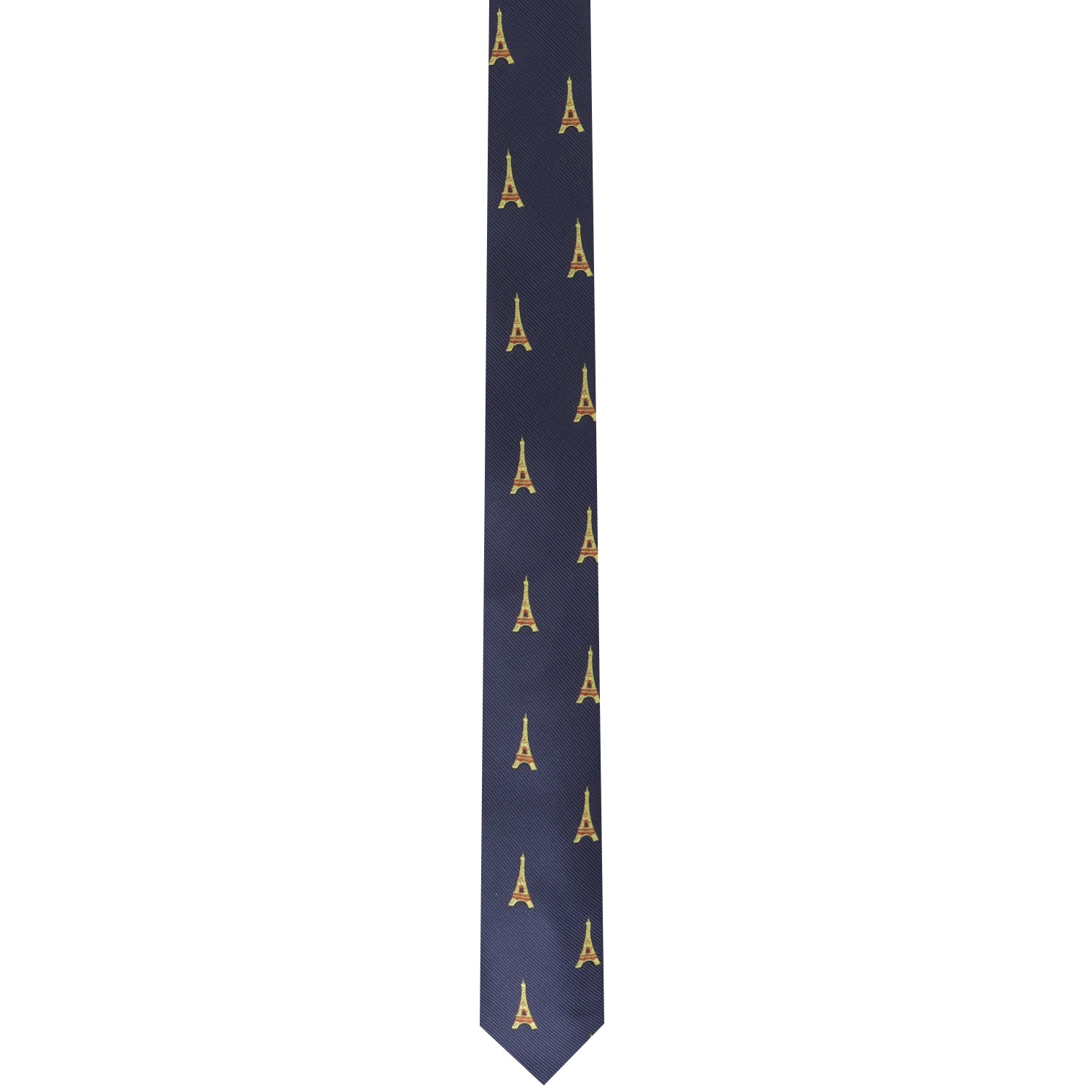 The Eiffel Tower Skinny Tie is a dark blue necktie adorned with a woven pattern of small, yellow Eiffel Tower designs, exuding Parisian elegance.