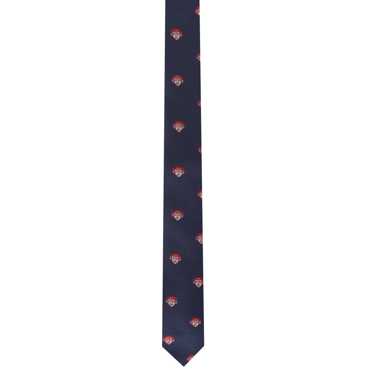 Enhance your style effortlessly with the Gamer Face Skinny Tie, a navy blue design featuring a repeating pattern of small Santa faces in red hats.