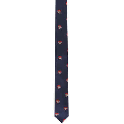 Enhance your style effortlessly with the Gamer Face Skinny Tie, a navy blue design featuring a repeating pattern of small Santa faces in red hats.