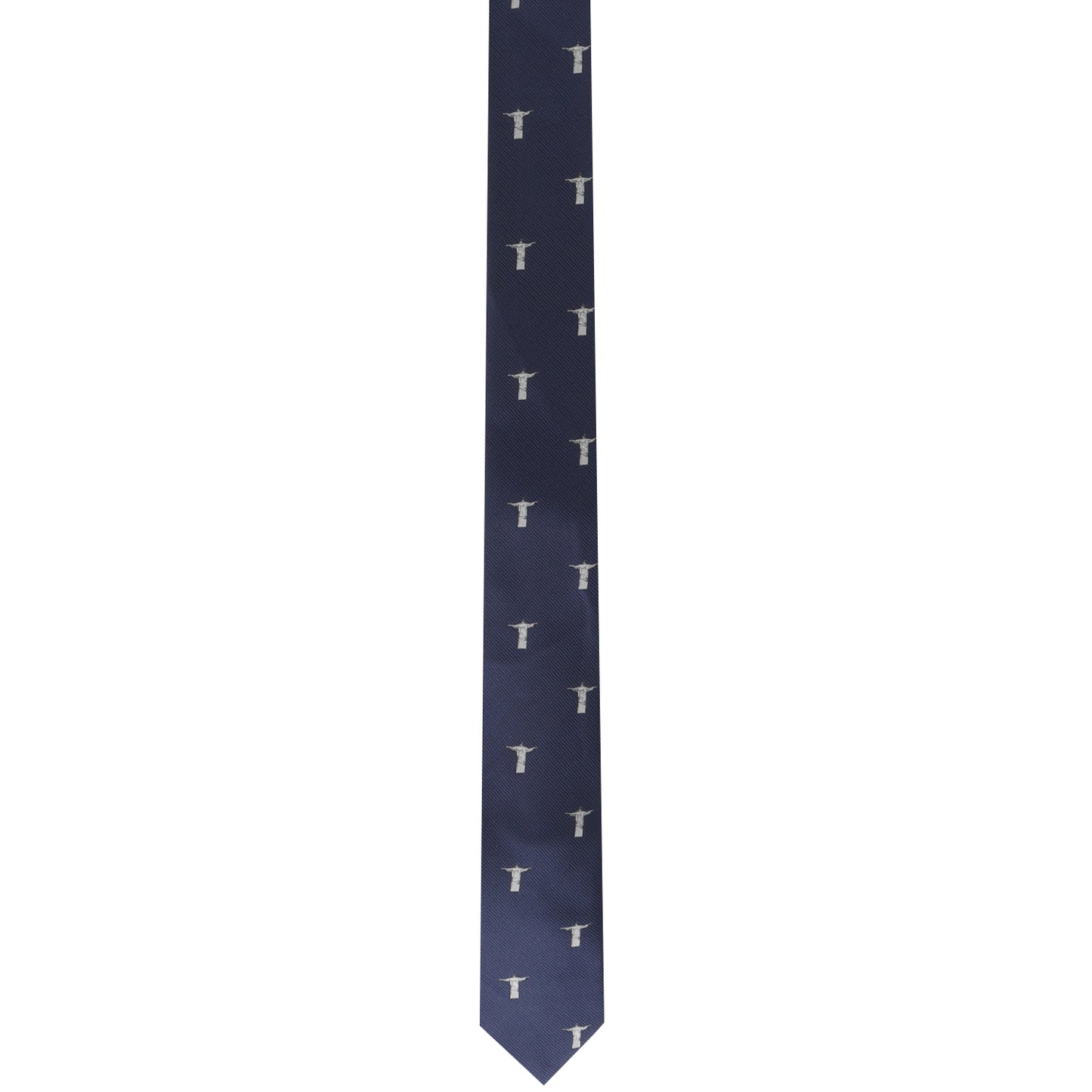 The Jesus Christ The Redeemer Skinny Tie has a stylish form with a repeating pattern of small white swords on a navy blue background.