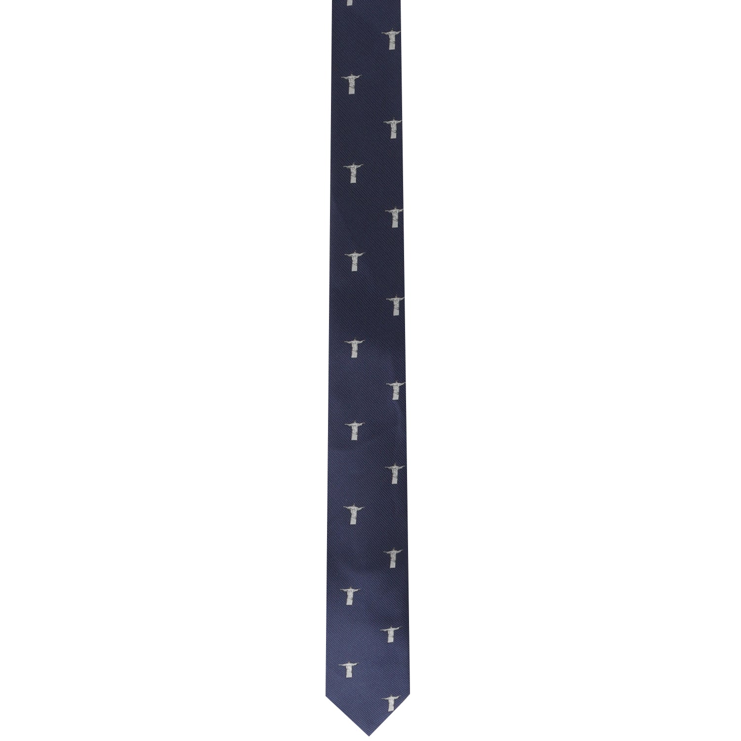 The Jesus Christ The Redeemer Skinny Tie has a stylish form with a repeating pattern of small white swords on a navy blue background.