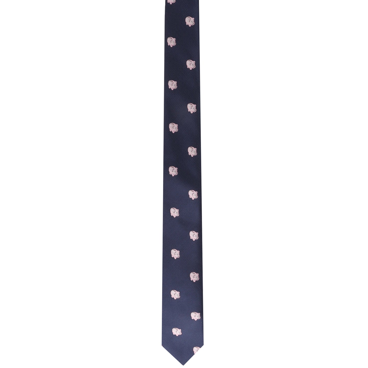 A dark blue Piggy Bank Skinny Tie featuring a pattern of small white and light pink floral designs that truly stands out and exudes sophistication.