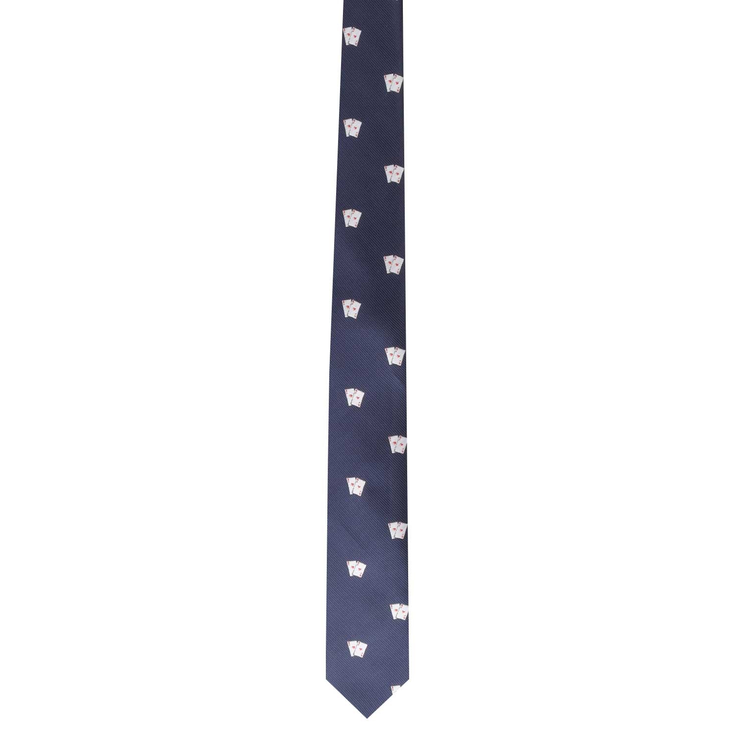 The Poker Cards Skinny Tie, a dark blue necktie adorned with a pattern of small, light-colored fox face designs spaced evenly across its length, is perfect for elevating your style.