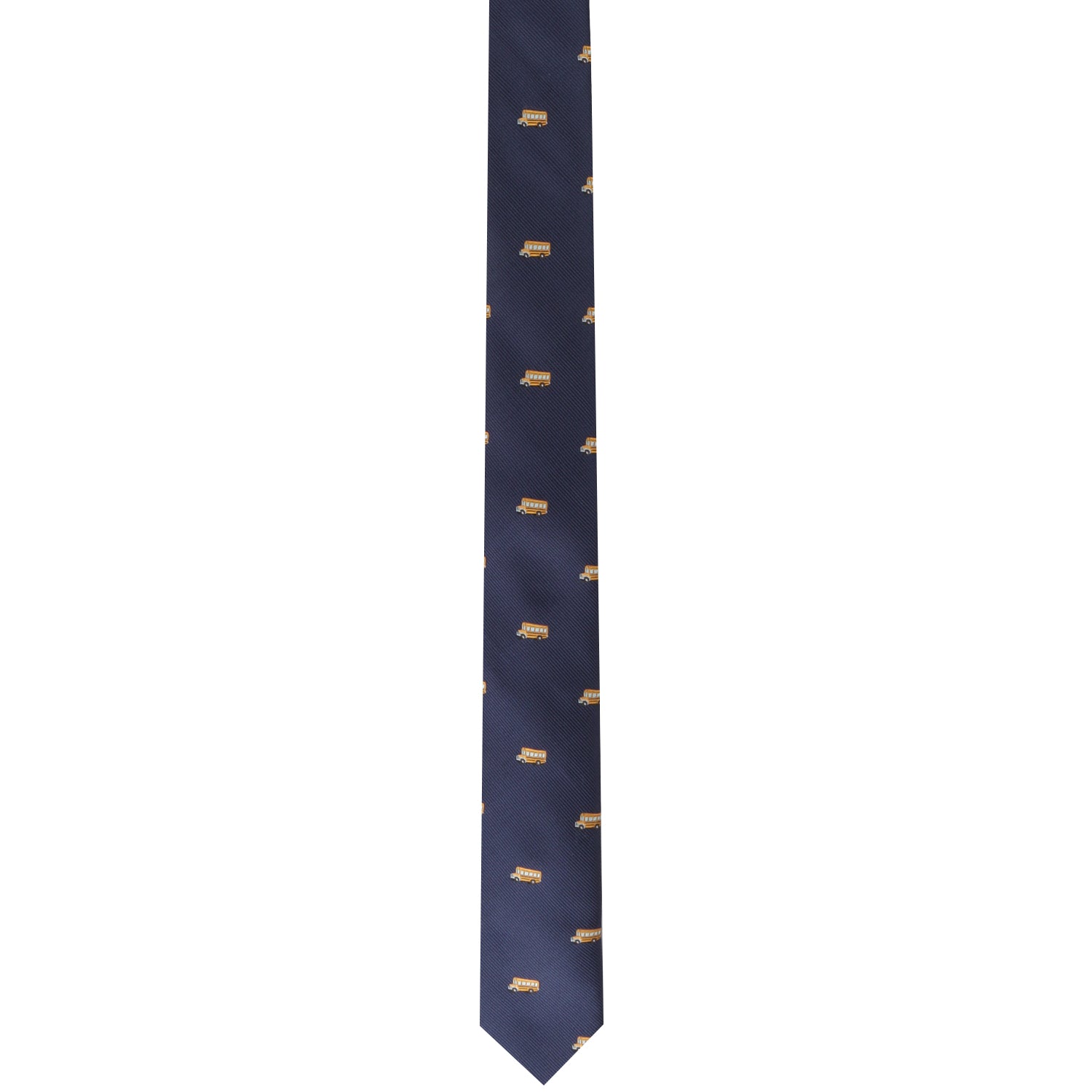 A dark blue School Bus Skinny Tie with a pattern of small yellow taxis and a nostalgic charm.