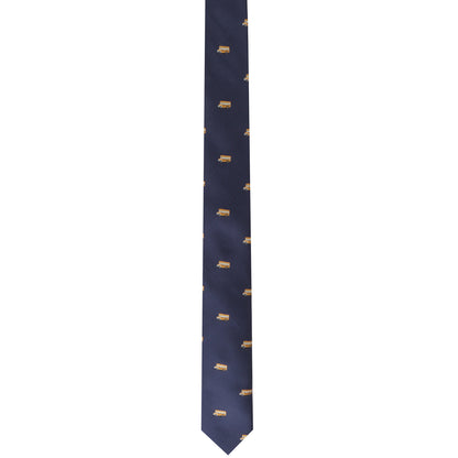 A dark blue School Bus Skinny Tie with a pattern of small yellow taxis and a nostalgic charm.
