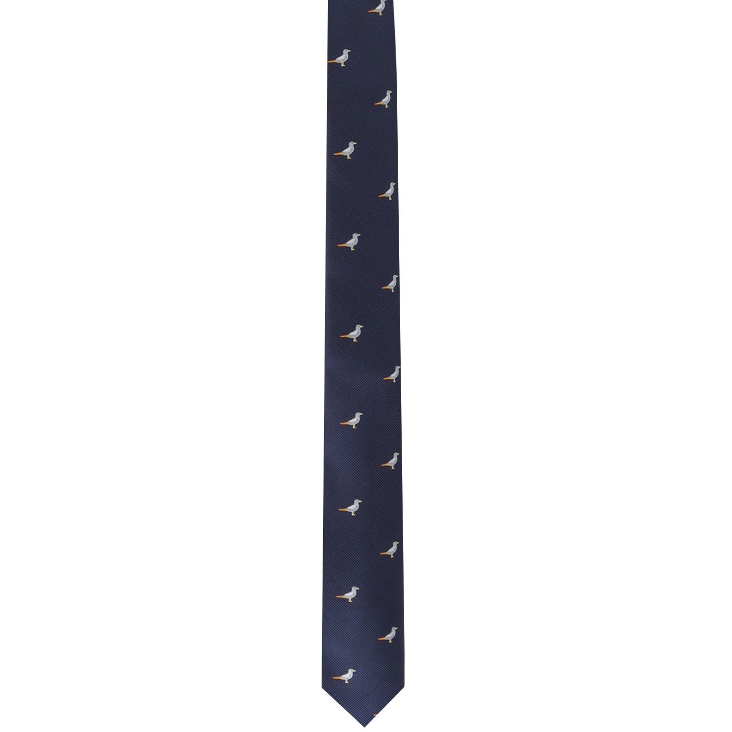 The Seagul Skinny Tie, in dark blue with a pattern of small seagulls, is perfect for adding a touch of style that soars coast to coast.