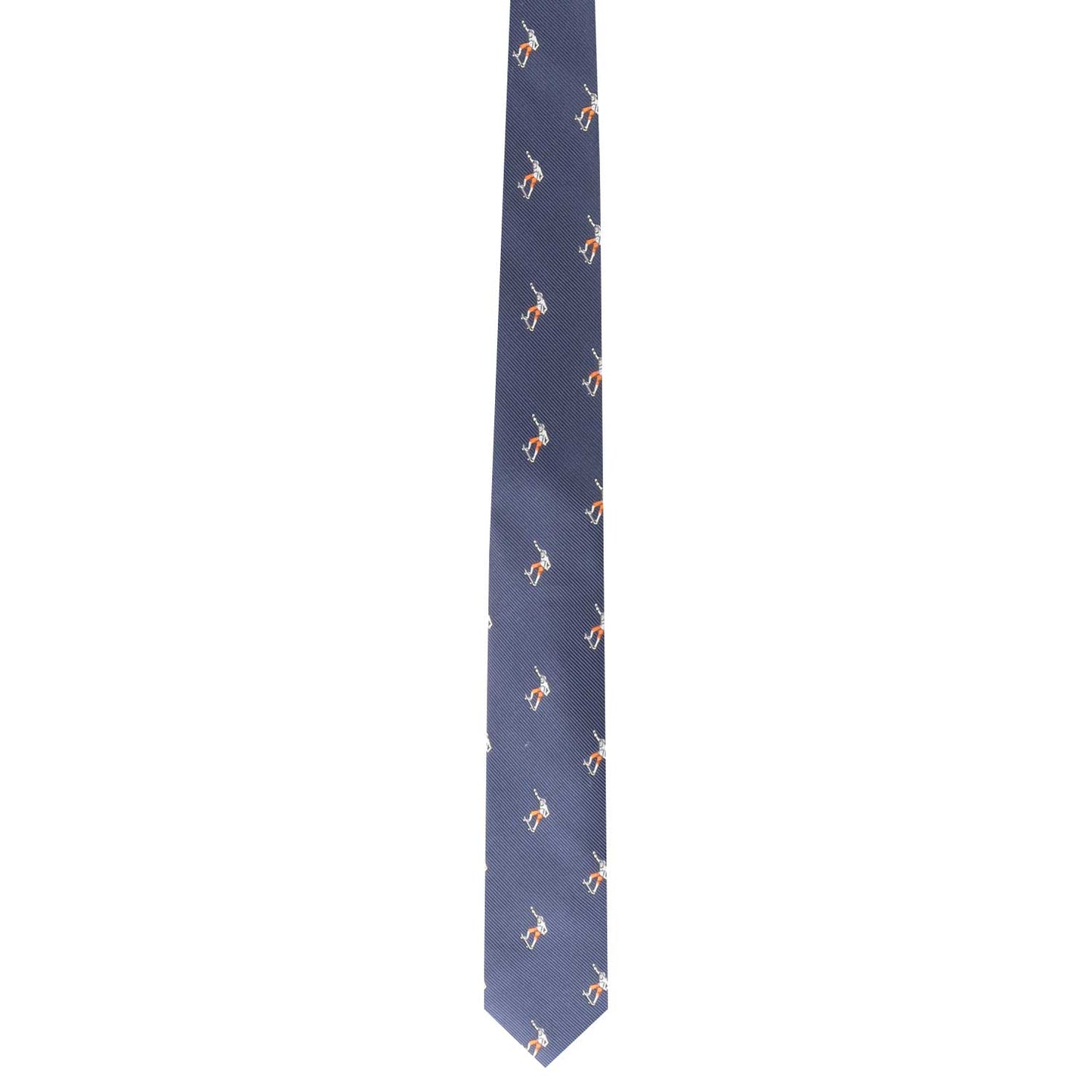 The Skateboarder Skinny Tie, featuring a stylish pattern of small, colorful skateboarders arranged in a diagonal line, exudes confidence and flair.