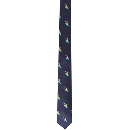 The Snowboarder Skinny Tie, showcasing a navy blue background adorned with a repeating print of snowboarding bears, adds a dash of fun to your formal wear.