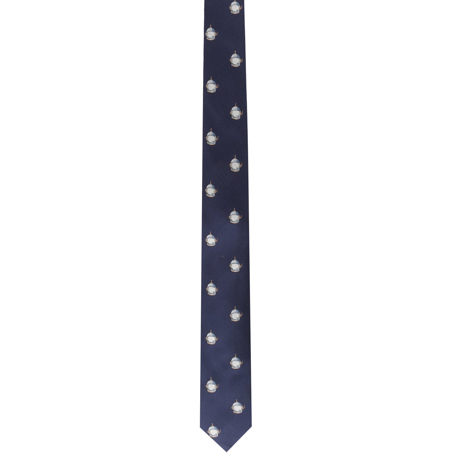 Enhance your style with the Spaceman Skinny Tie, featuring a dark blue design adorned with a repeating pattern of small light-colored turtle illustrations.