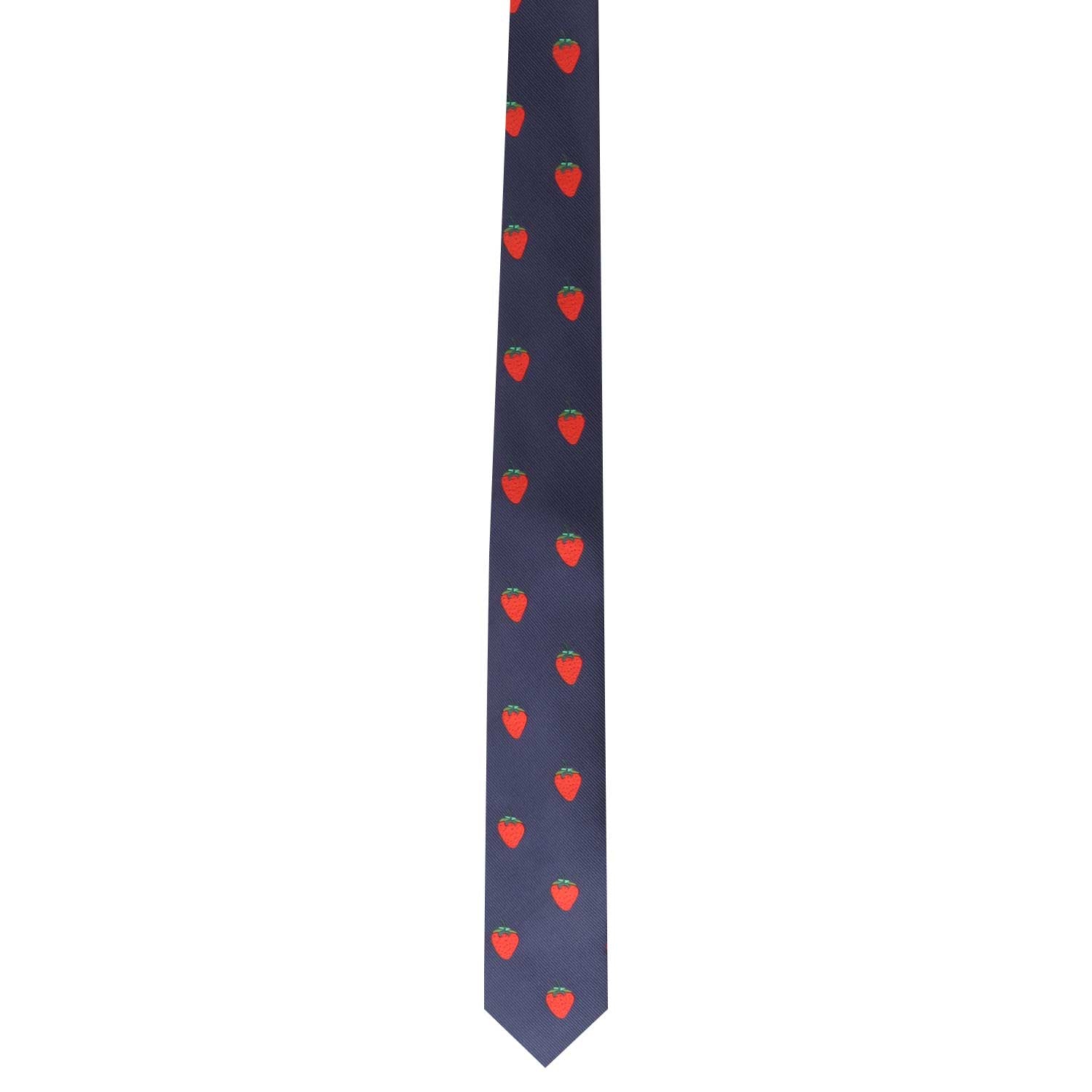 The Strawberry Skinny Necktie features a dark blue design embellished with small red strawberry patterns, exuding a perfectly balanced fruity charm along its length.