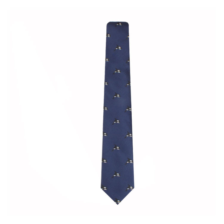 A Killer Whale Skinny Tie with a pattern of small, embroidered birds exudes contemporary elegance.