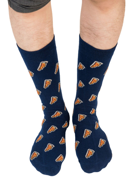 Person wearing Pizza Socks, which feature a repeating pizza slice pattern in navy blue, blending comfort and style effortlessly.