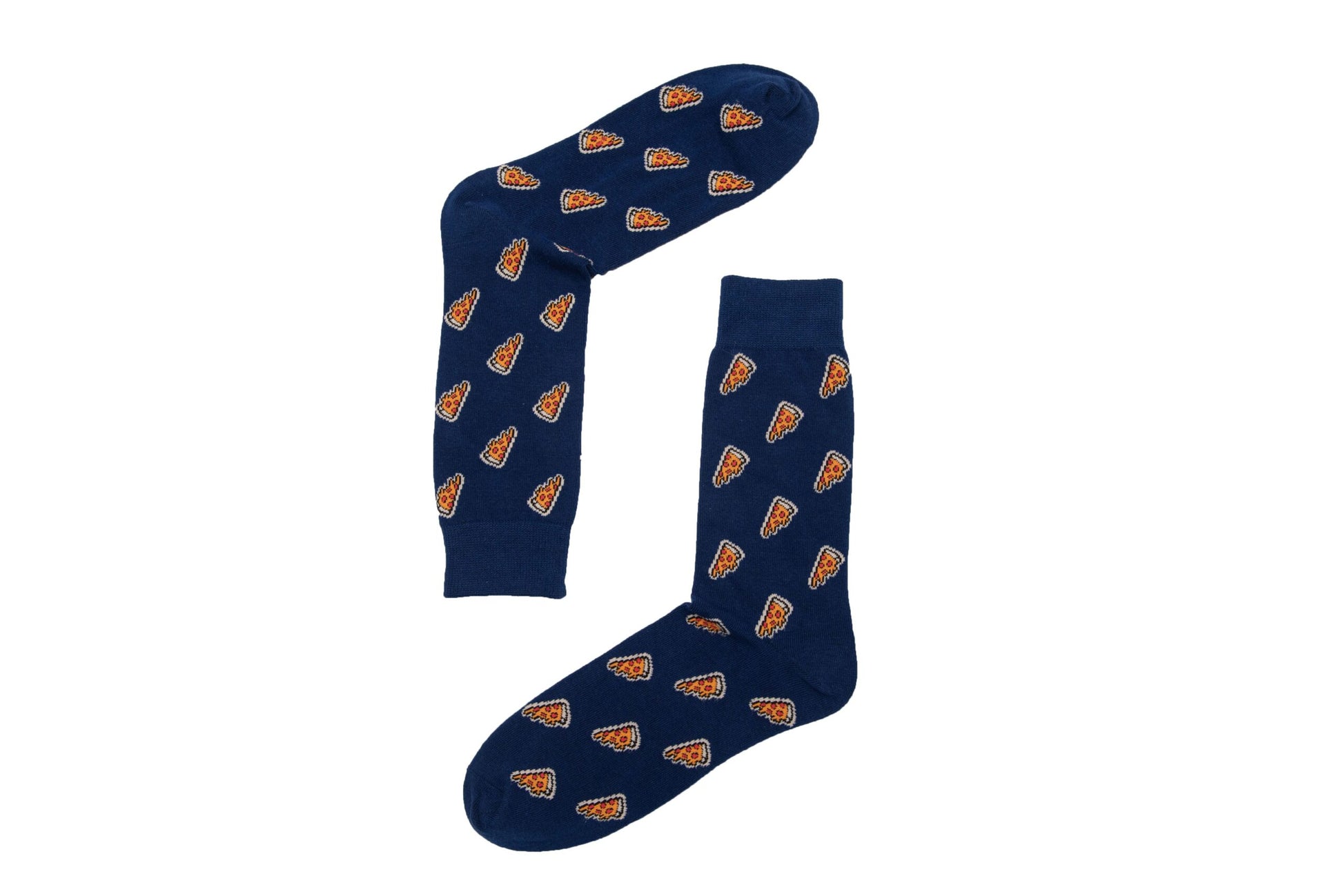 Pizza Socks, a pair of dark blue socks adorned with a stylish pattern of pizza slices, ensuring both comfort and flair.