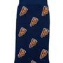 A close-up of Pizza Socks reveals a stylish blue sock featuring a charming pattern of small pizza slice illustrations, offering both comfort and flair.