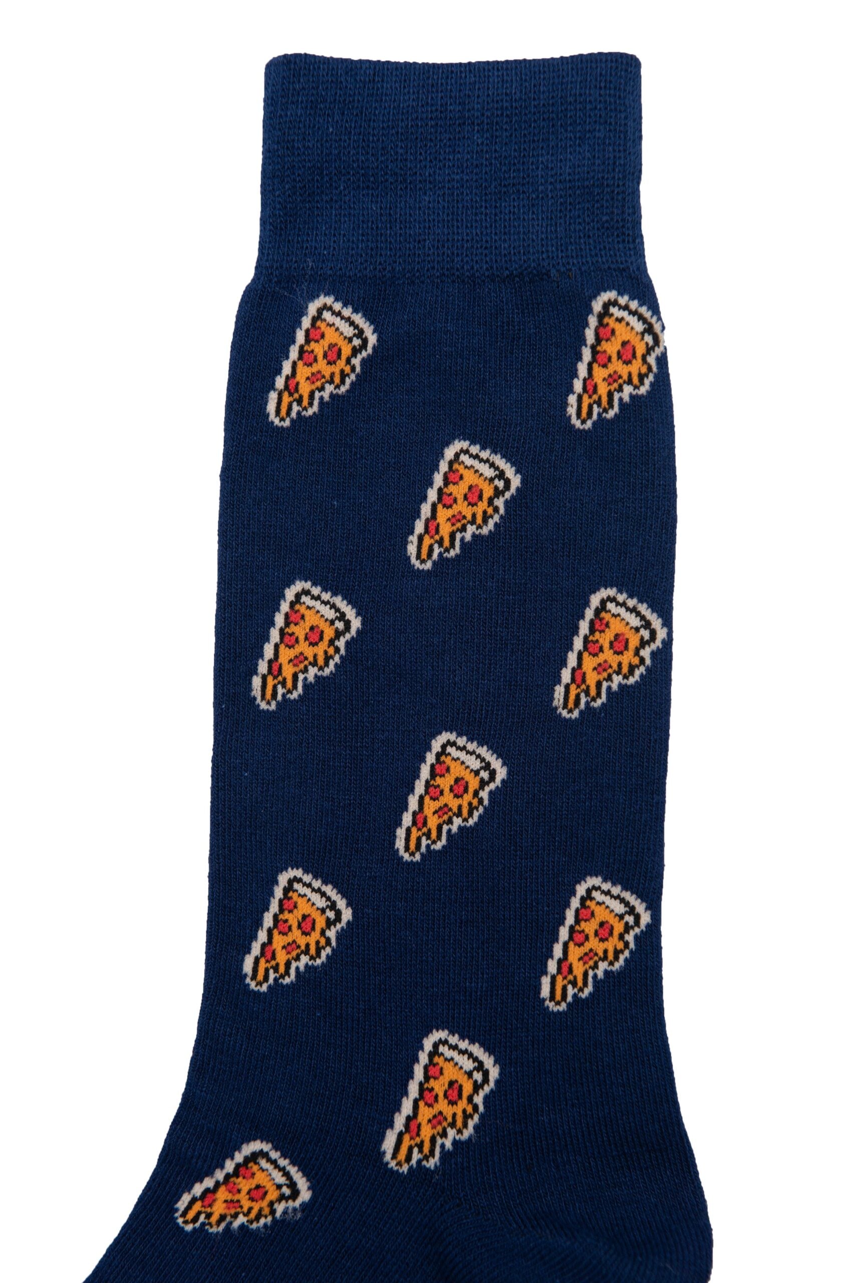 A close-up of Pizza Socks reveals a stylish blue sock featuring a charming pattern of small pizza slice illustrations, offering both comfort and flair.