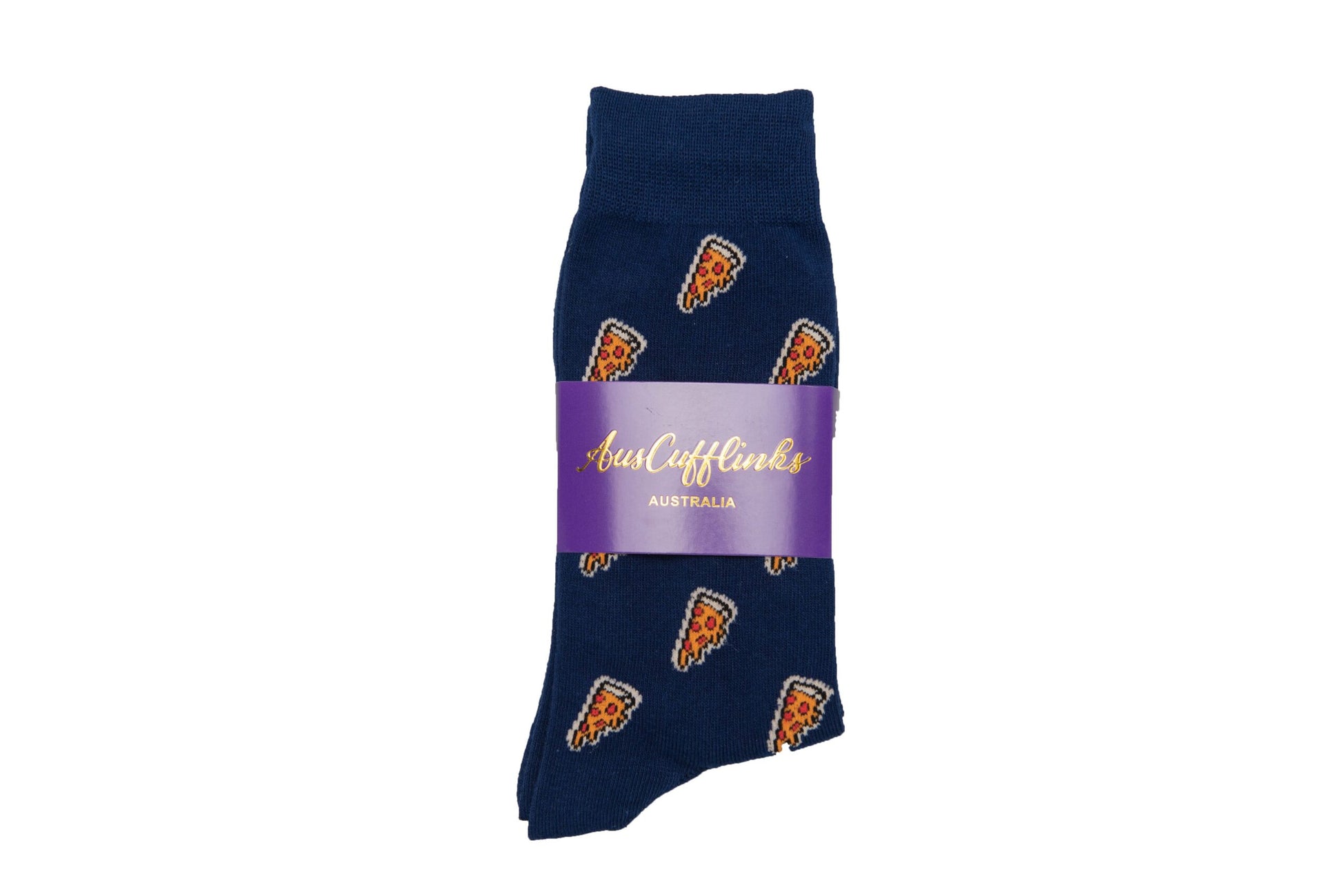 A pair of Pizza Socks featuring a navy blue background with a playful pizza slice pattern, packaged with a purple label that reads "AustCufflinks Australia." Designed for both style and comfort, these unique socks are perfect for making a fashion statement while keeping your feet cozy.