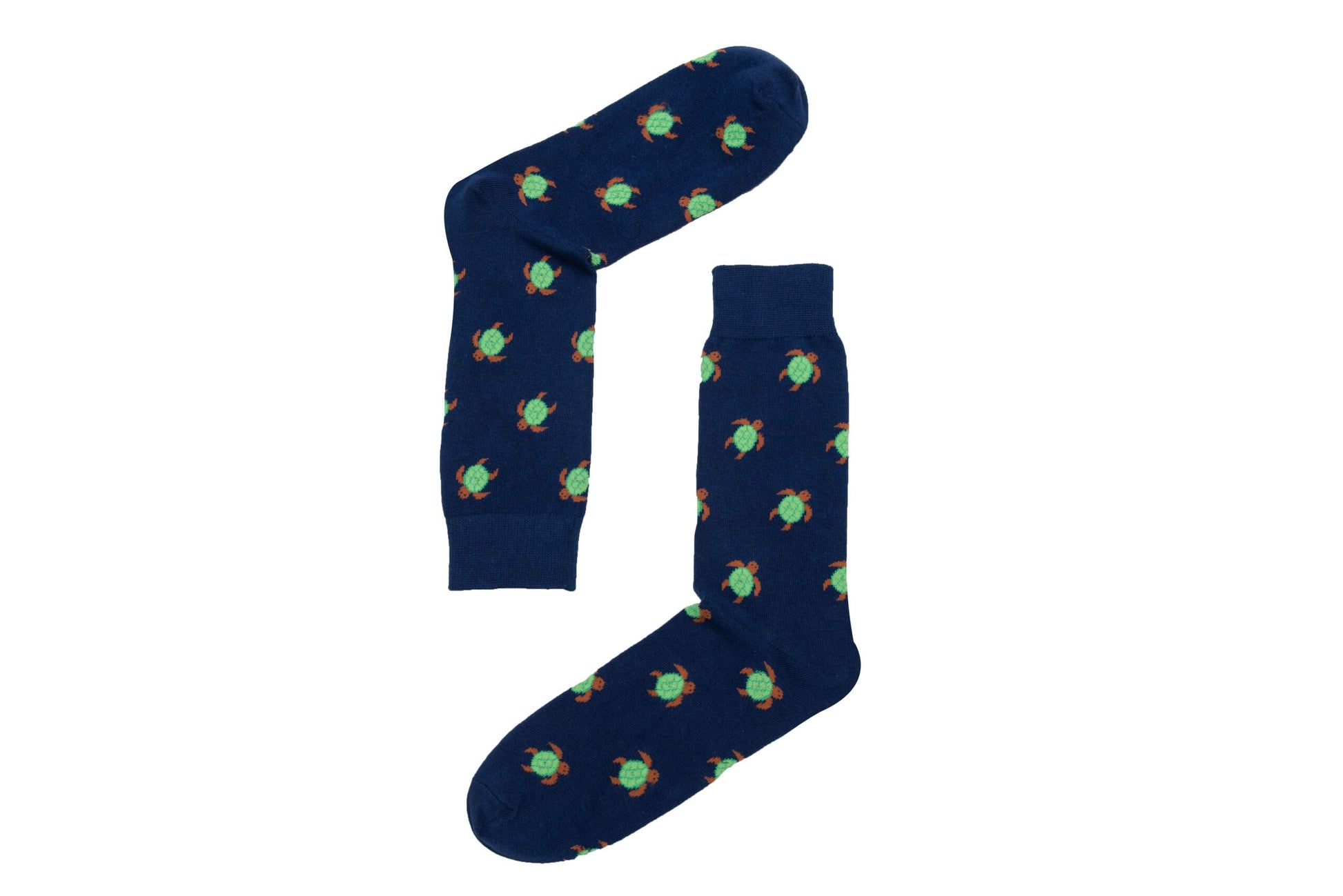 A pair of navy socks with a Green Turtle on them.